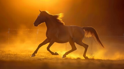   A horse gallops through a field of grass, sun sets behind, dust stirs and blows