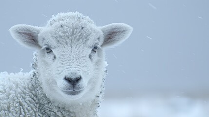   A tight shot of a sheep's face, adorned with snowflakes clinging to its fleece Gray backdrop of heavens above