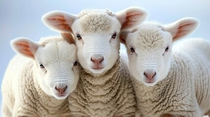   Two white sheep face opposite directions while standing next to each other