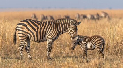 Fototapeta na wymiar A zebra stands next to a young zebra in a field filled with tall grass, surrounded by additional zebras in the background