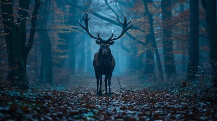   A deer stands amidst a forest, surrounded by leaves on the ground and trees in the background