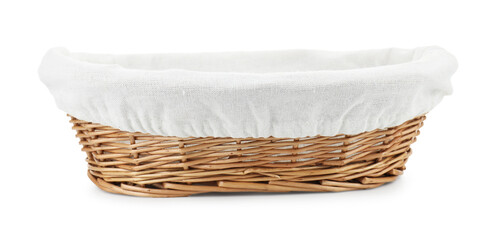 One empty wicker bread basket isolated on white