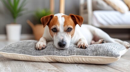   A brown-and-white dog lies atop a pillow on a wooden floor, near a plant in the living room