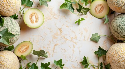 Fresh whole and halved cantaloupes with ivy leaves on a textured creamy background.