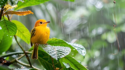  A small, yellow bird perches atop a green, leafy tree during rainfall, beaded with droplets