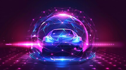 Vector illustration depicting a dome force field over a car in a futuristic polygonal style, representing protective measures and vehicle insurance. Vector