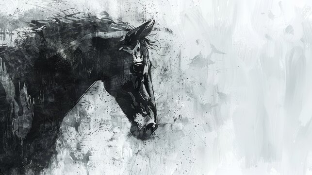   A monochrome image of a horse's head adorned with a paint splash