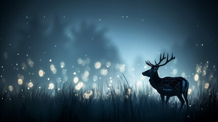   A deer silhouetted in a grassy field at night, antlers aglow with casting light