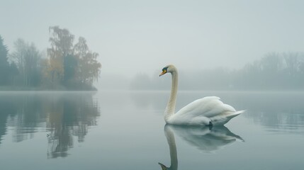   A white swan floats atop a foggy lake, its reflection distorted in the calm water Surrounded by trees, the scene is peaceful and serene (41