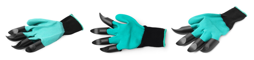 Gardening glove with claws isolated on white, set