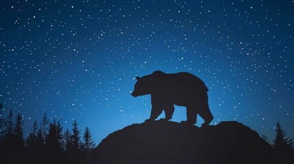   A bear silhouette atop a mountain against a night sky, adorned with stars and the moon