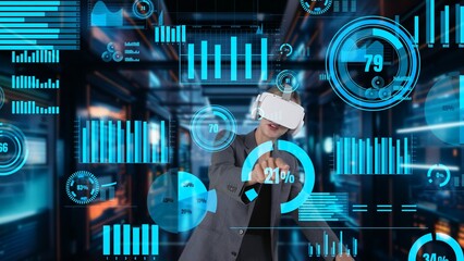 Businesswoman explaining dynamic market data calculated analysis in big data business by VR innovation interface digital infographic network technology visual hologram animation server. Contraption.