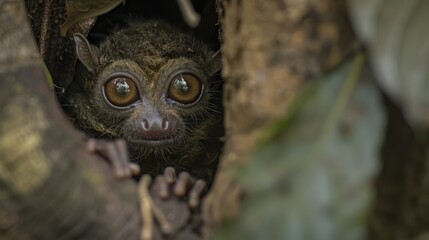   A tight shot of a small animal staring from a hole in a leafy expanse, its eyes bright and alert