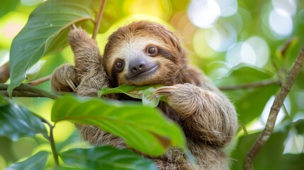 Obraz premium A brown-and-white sloth sits on a tree branch, its head hanging over the edge