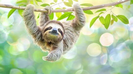 Naklejka premium A three-toed sloth hangs from a tree branch in a tropical forest (repeating boke is unnecessary, assumed to be for effect; consider using blur