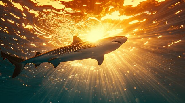   A shark swims in the ocean with the sun shining through its dorsal fin Its head breaks the water's surface