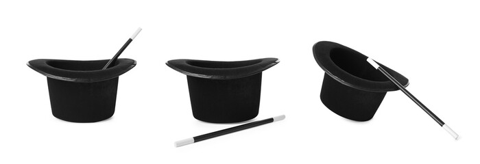 Collage with black magician hat and wand isolated on white, different sides