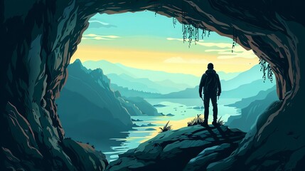Vector illustration depicting a person at the entrance of a cave.