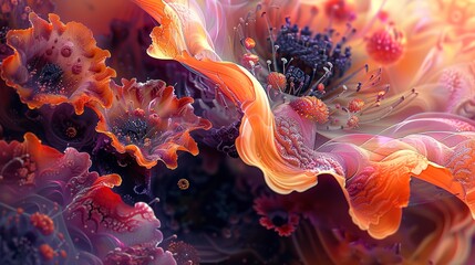 Macro shot of abstract florals, showcasing detailed textures in a surreal, psychedelic composition.