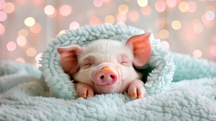   A small pig on a bed, covered by three blankets