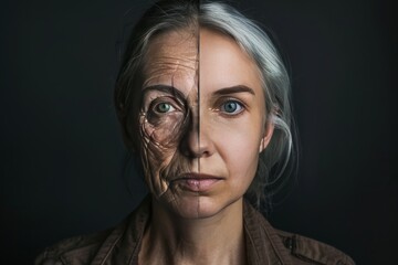 Fototapeta premium Aging depiction and beauty regimen's effects on facial skin through lifting and bleaching, split into two age stages.
