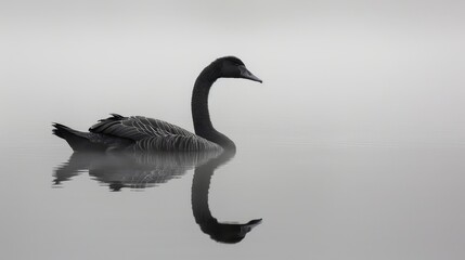   A black-and-white image of a swan in the water Its head is submerged, while the reflection mirrors this position in the water's surface