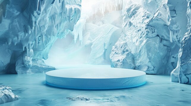 3D rendering of a blue icy cave with a round stage in the center