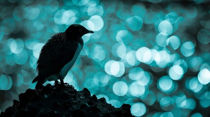 Naklejka premium A black bird perches atop a rock beside a forest of green and blue bottleneck-shaped trees