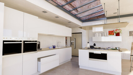 Beautiful industrial style kitchen with skylight