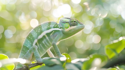   A chromatophore-rich green chameleon perched on a tree branch against a hazy backdrop of leafy foliage