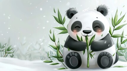   A panda bearsquats on snow-covered ground, clutching a bamboo plant before its face - obrazy, fototapety, plakaty