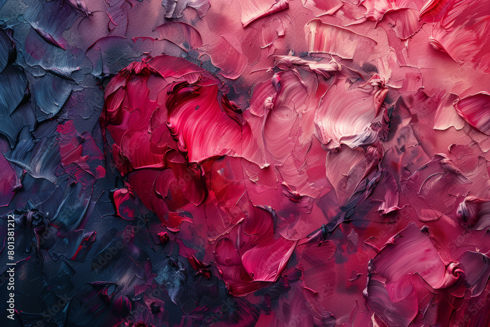 Poster an abstract representation of love, using heart-like shapes and a romantic palette of reds and pinks