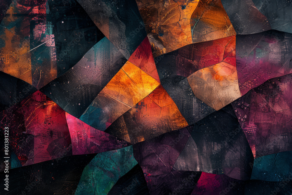 Poster an artwork conveying the feeling of anxiety, with overlapping jagged shapes and a chaotic mix of dar