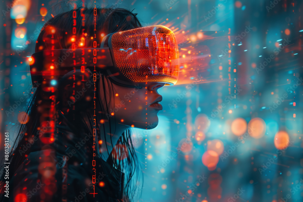 Poster An abstract representation of virtual reality, with humans interfacing with digital worlds through cybernetic devices,