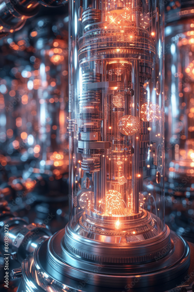 Poster A depiction of a quantum computing center, with supercooling systems and entangled particles visualized,