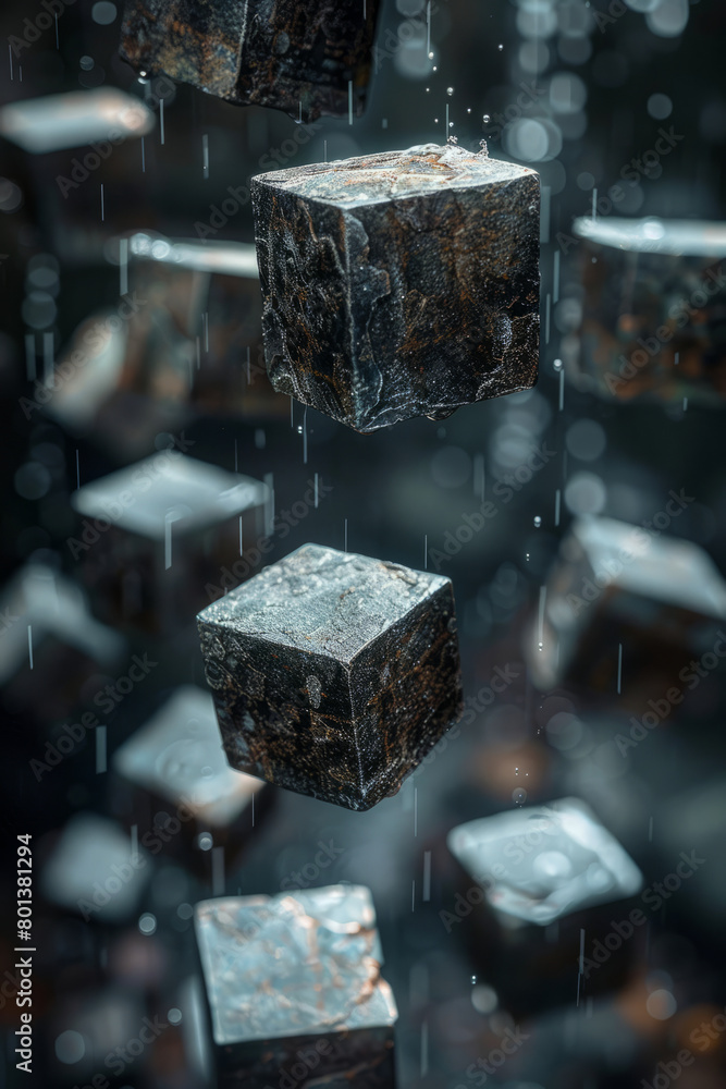 Poster A series of floating cubes that appear to be sinking into one another, creating a visual paradox,