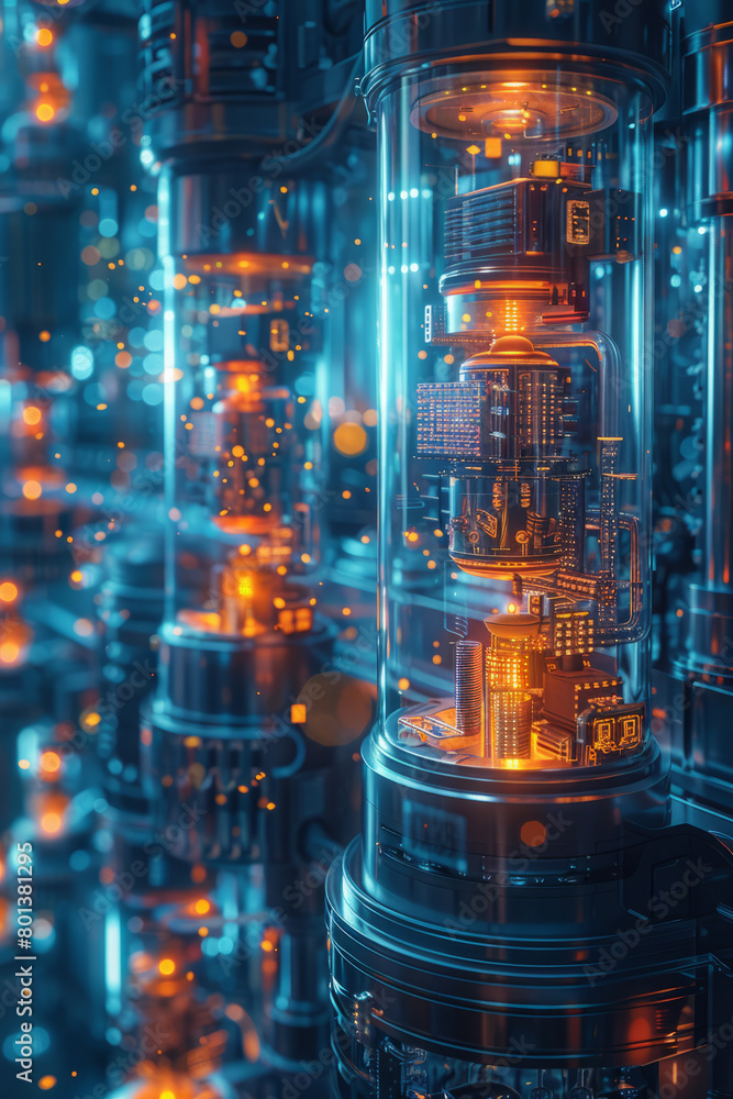 Poster A depiction of a quantum computing center, with supercooling systems and entangled particles visualized,