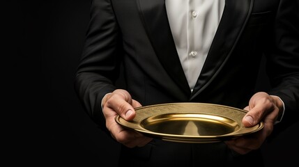 Close-up of a man in a suit holding an elegant golden tray against a black background. - Powered by Adobe
