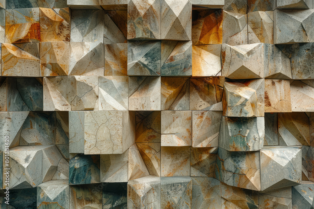 Poster An arrangement of geometric blocks that appear to be a random pattern but reveal a hidden image when viewed from a specific angle,