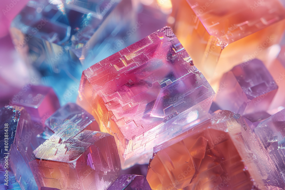 Poster An abstract composition of floating bismuth crystals with their unique stair-stepped shapes and iridescent colors,