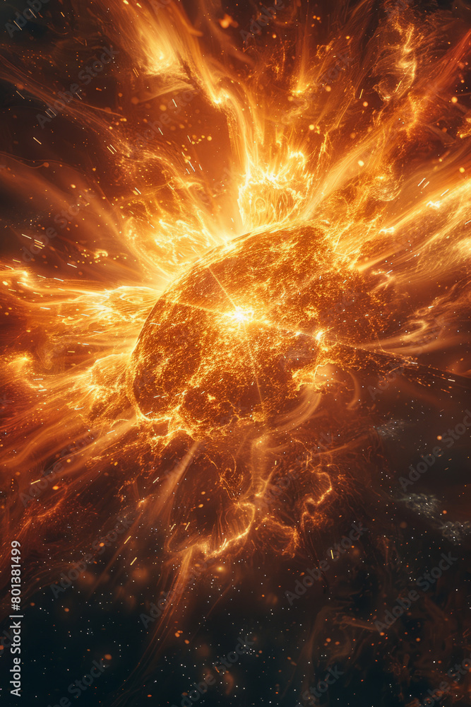 Poster a dramatic depiction of a supernova explosion within a star cluster, showing the burst of energy and