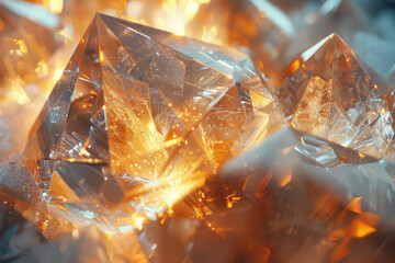 A detailed view of a diamondâ€™s facets, capturing the play of light and the crystalâ€™s fiery brilliance,
