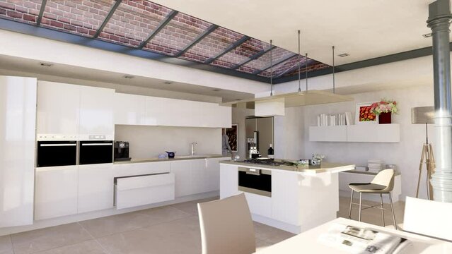 Beautiful industrial style kitchen with skylight