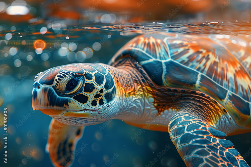 Aufkleber An artistic underwater scene showing a sea turtle, with a shell composed of colorful, abstract patterns,