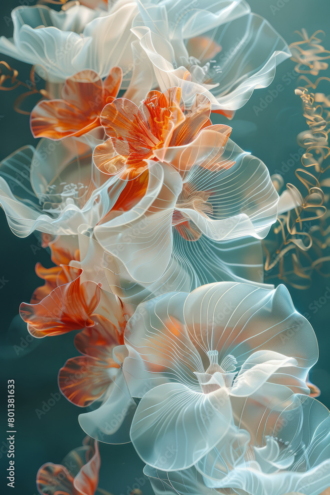 Poster a 3d collage of a marine ecosystem during a feeding frenzy, with abstract shapes representing the ch
