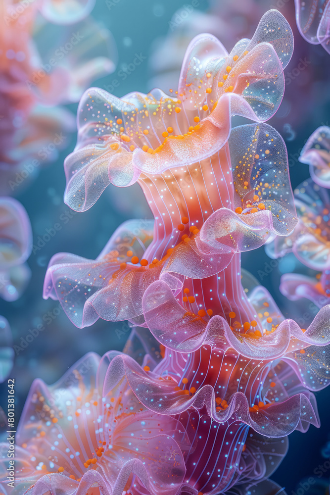 Poster a 3d collage of a marine ecosystem during a feeding frenzy, with abstract shapes representing the ch