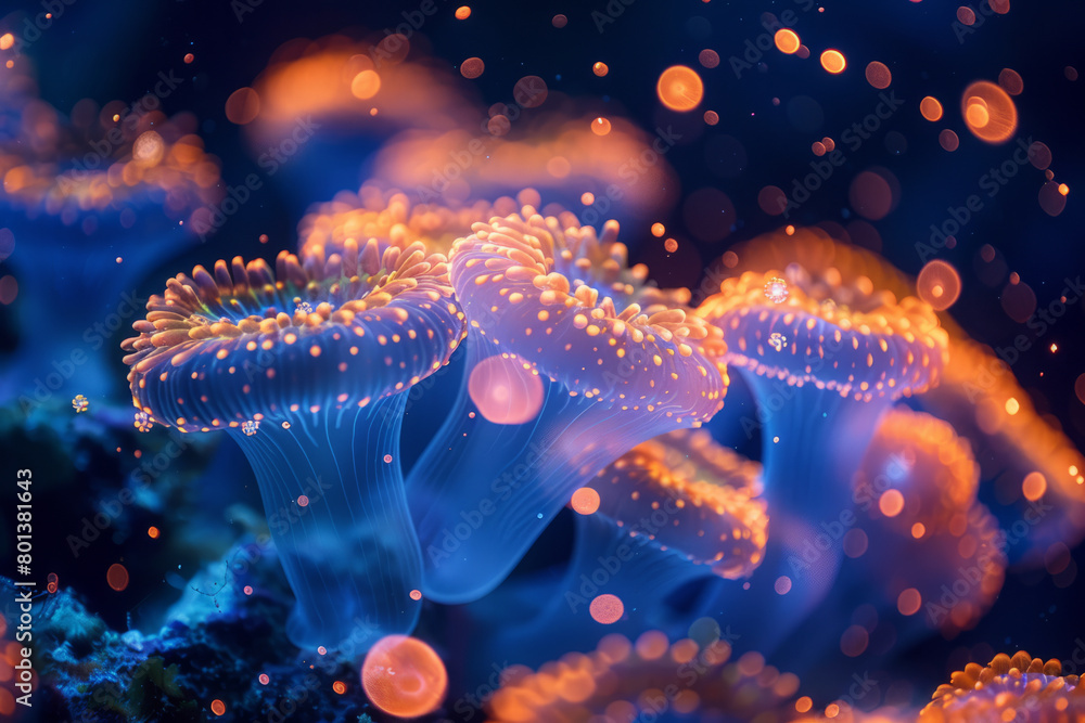 Fototapete an abstract interpretation of a coral spawning event, with coral polyps emitting luminescent particl