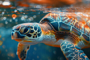 An artistic underwater scene showing a sea turtle, with a shell composed of colorful, abstract patterns,