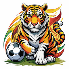 a tiger playing with a soccer ball in front of a yellow circle