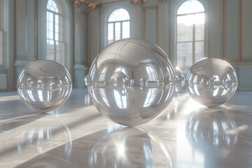 An artistic installation of 3D floating orbs that cluster together or drift apart based on environmental light changes,
